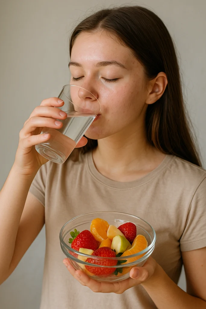 Teen girl staying hydrated for glowing skin without makeup