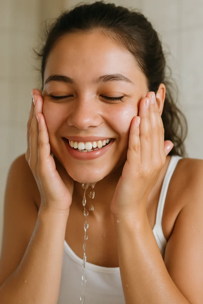 Young girl cleaning her face naturally without makeup