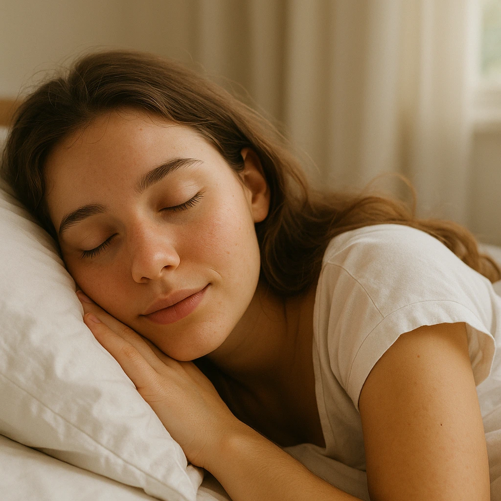 Natural beauty tip: young girl sleeping for clear skin without makeup
