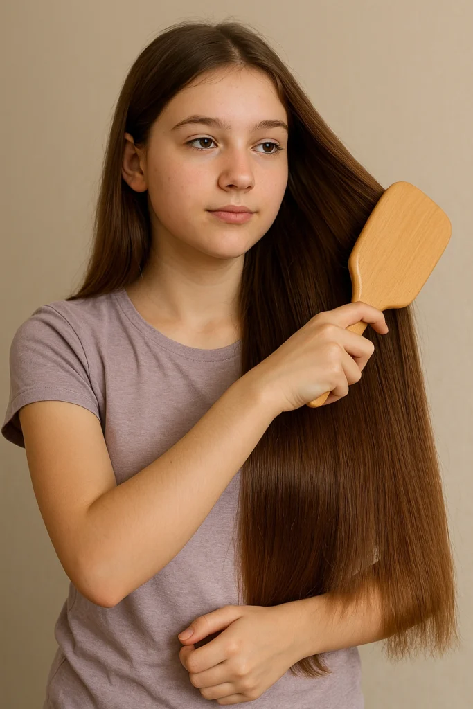 Young teen caring for her hair to look pretty without makeup