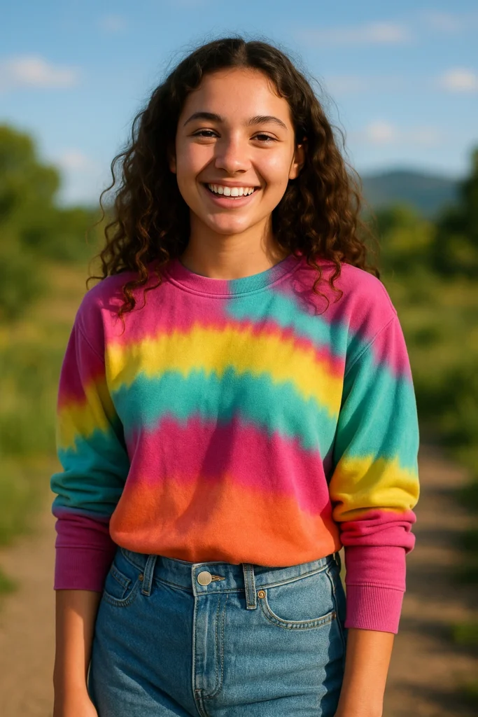 Happy girl showing natural beauty in comfortable clothes