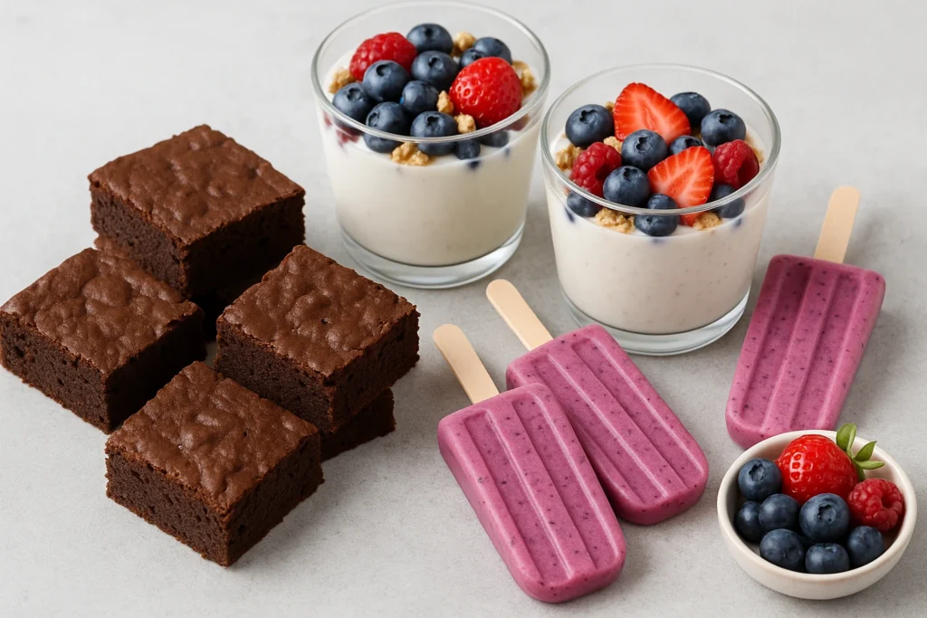healthy high protein desserts like brownies, yogurt cups, and smoothie popsicles