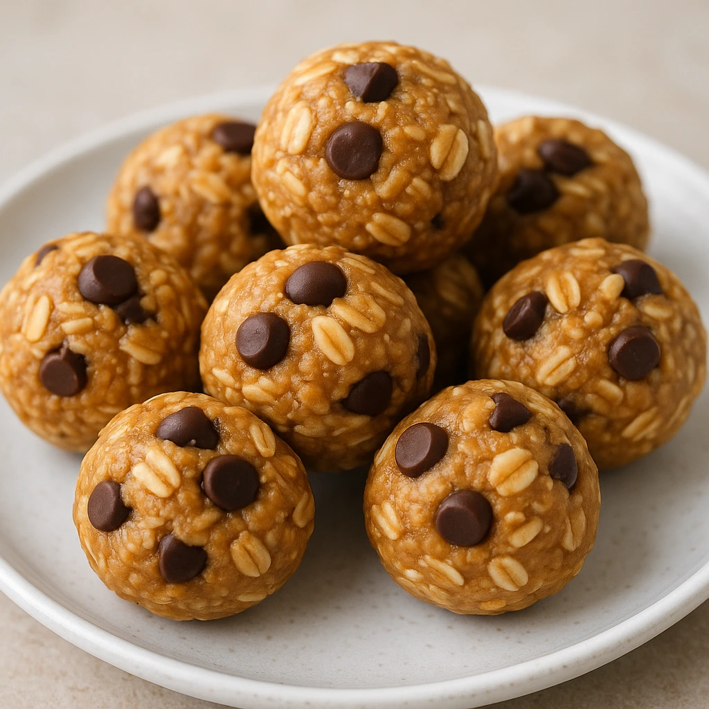 No-bake protein balls made with peanut butter, oats, and chocolate chips.
