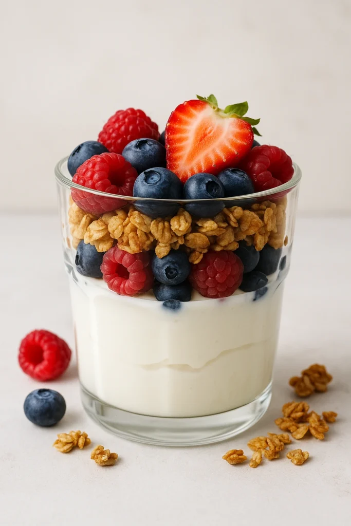 Greek yogurt parfait layered with fresh berries and crunchy granola