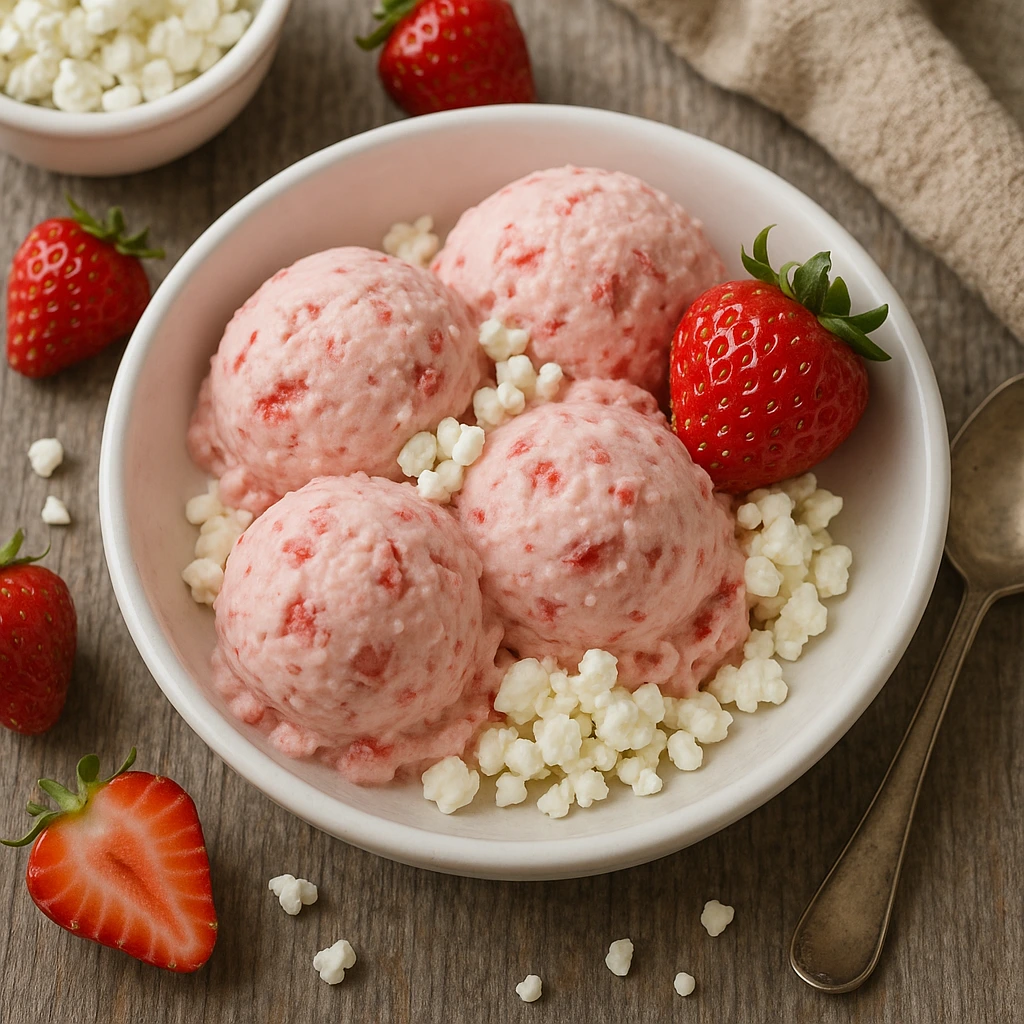 Homemade ice cream made from cottage cheese and strawberries.