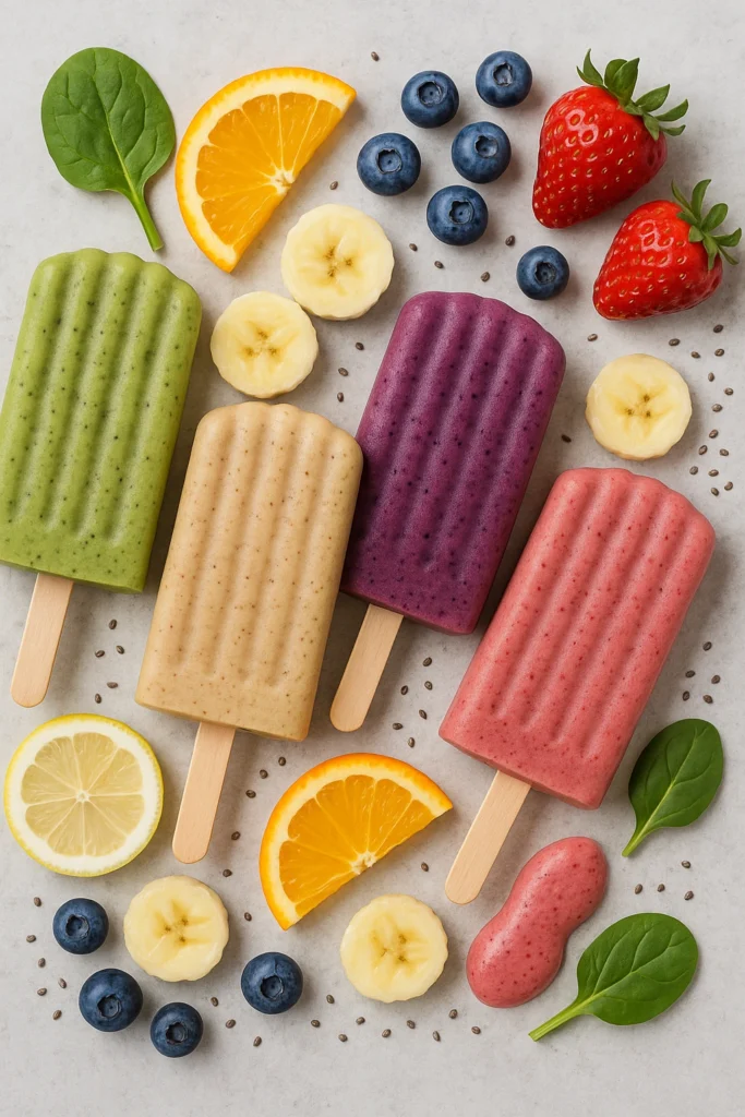 Colorful popsicles made from blended protein smoothie and fruits
