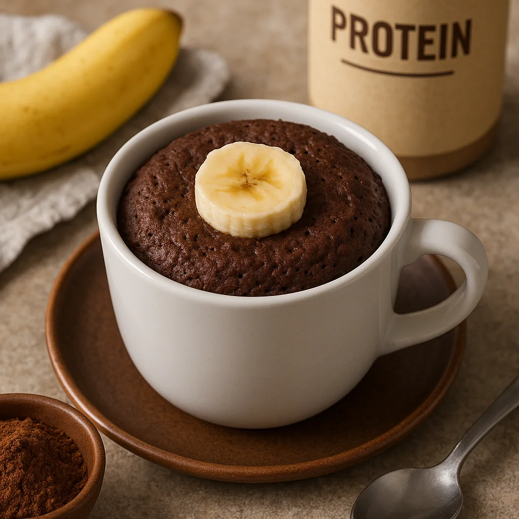 Protein-packed mug cake made with banana, cocoa powder, and protein mix.