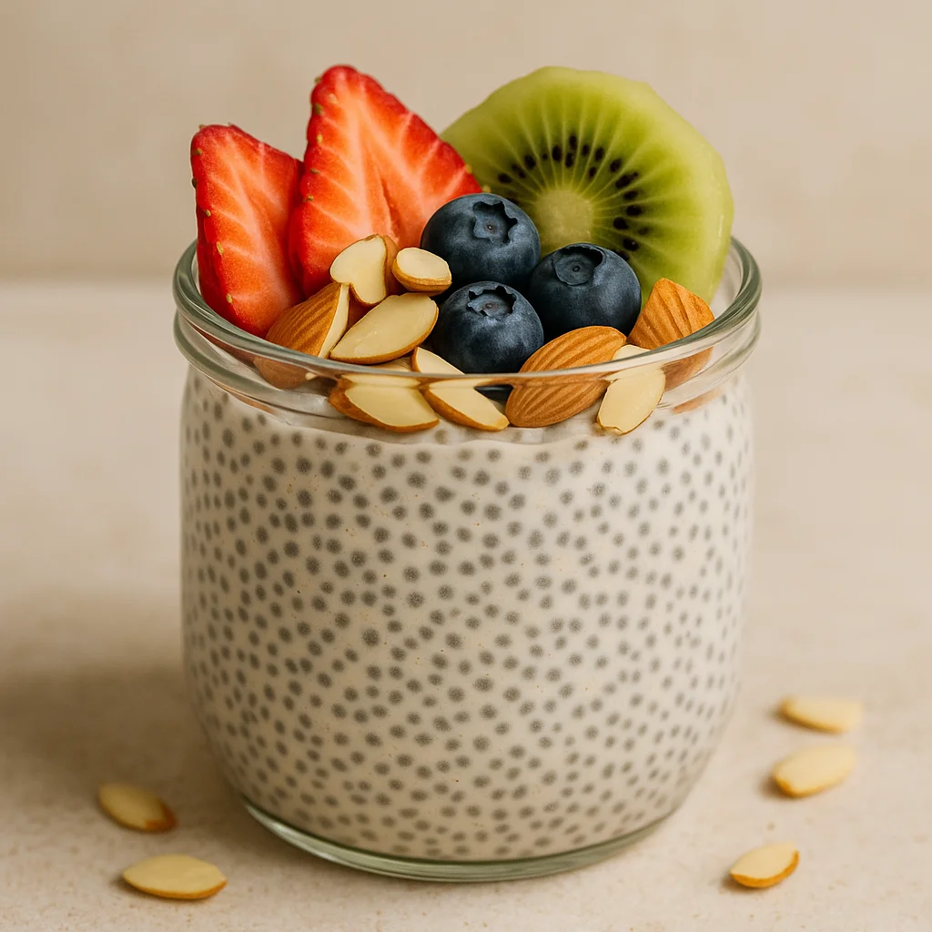 Creamy chia pudding topped with fresh fruits and almonds