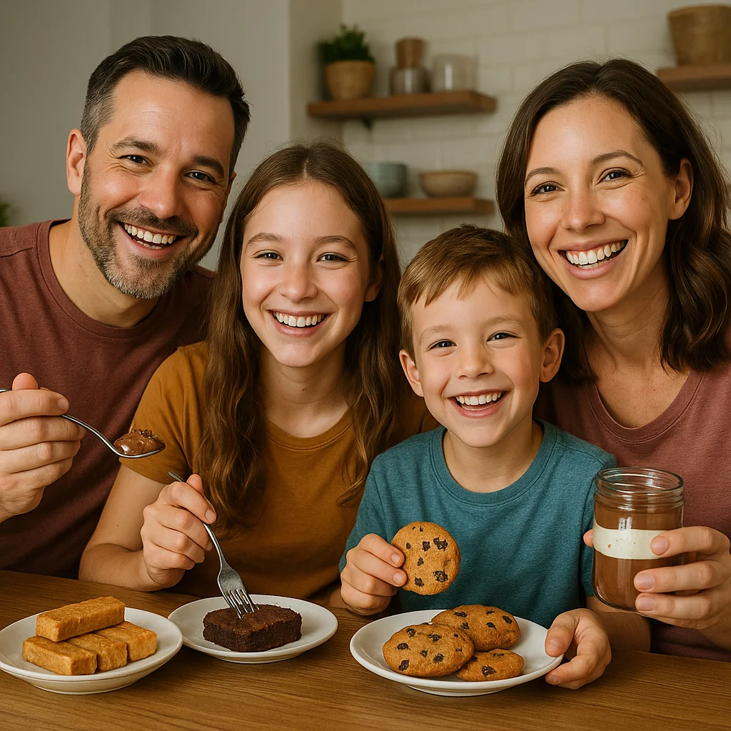 Family smiling while enjoying homemade high protein desserts together