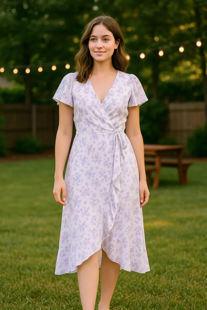 white and lavender floral wrap dress 