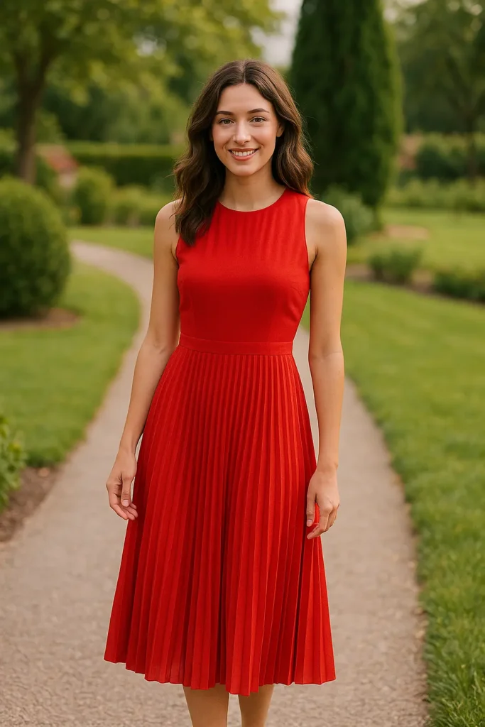 red sleeveless pleated midi dress