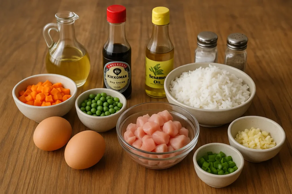 All the ingredients for chicken fried rice