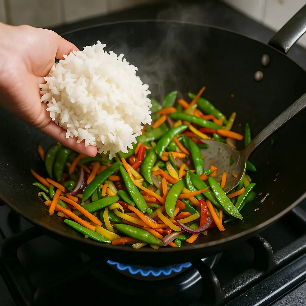 white rice to a hot wok with vegetables
