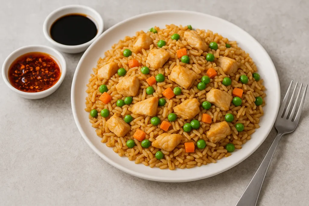 Soy sauce and chili oil served with chicken fried rice