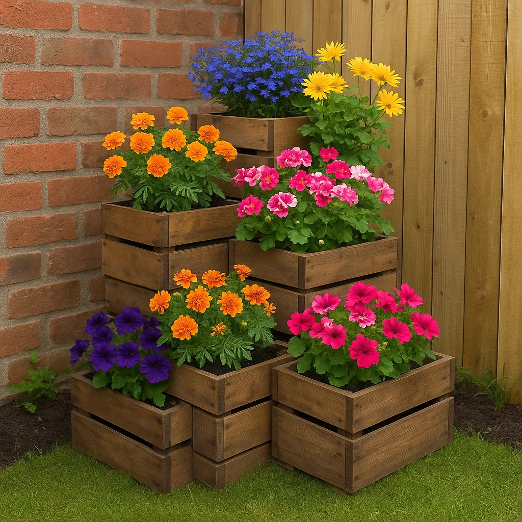 tiered flower bed in garden corner 