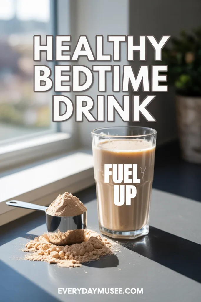 Glass of protein shake next to a scoop of protein powder