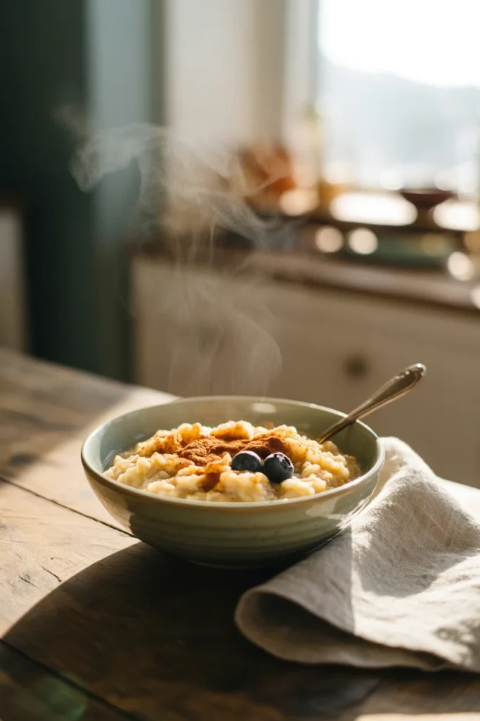 Warm oatmeal in a bowl with cinnamon on top