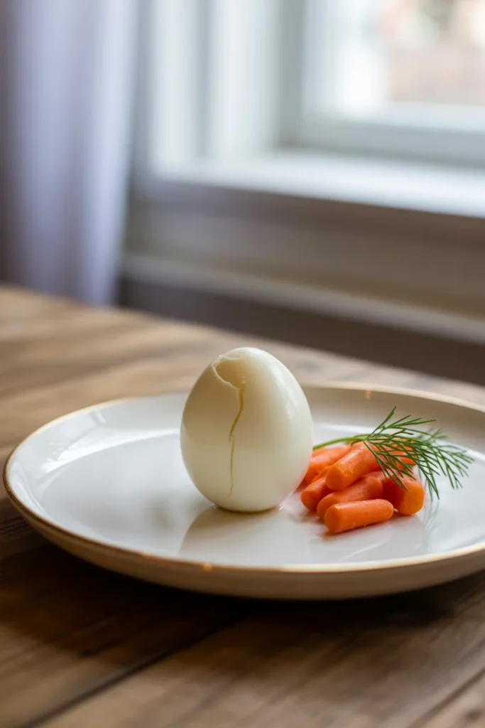 Boiled egg with a side of baby carrots on a white plate