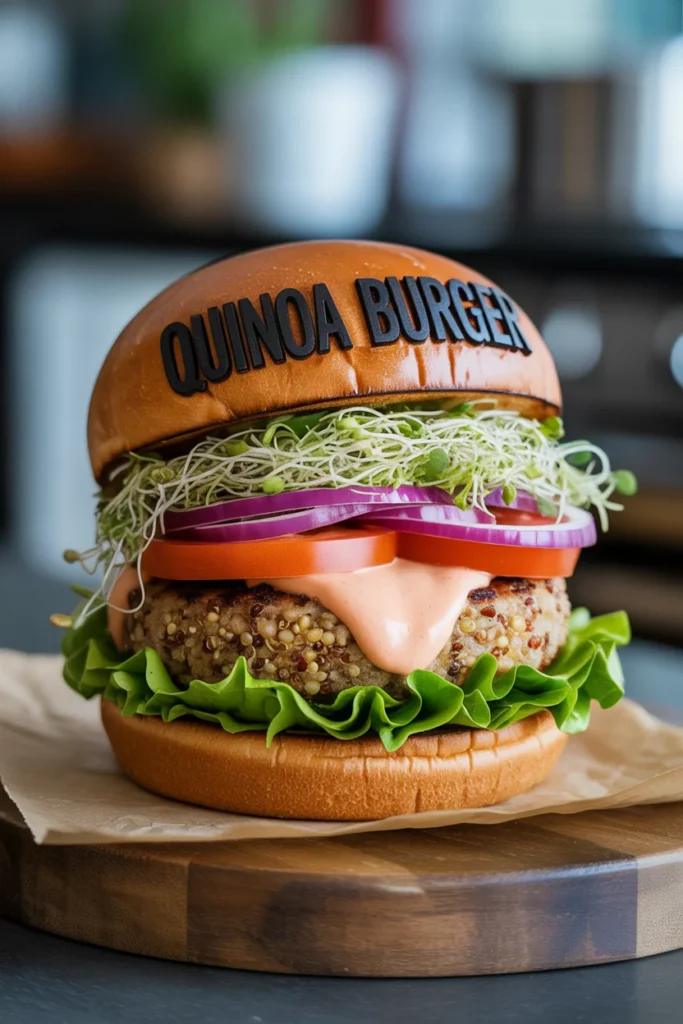 Quinoa burger topped with fresh veggies and sauce on a bun