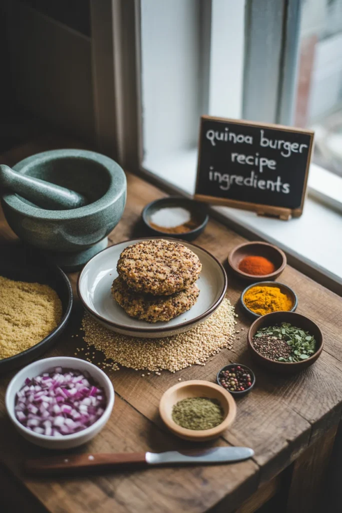 Quinoa burger ingredients like quinoa, onions, spices