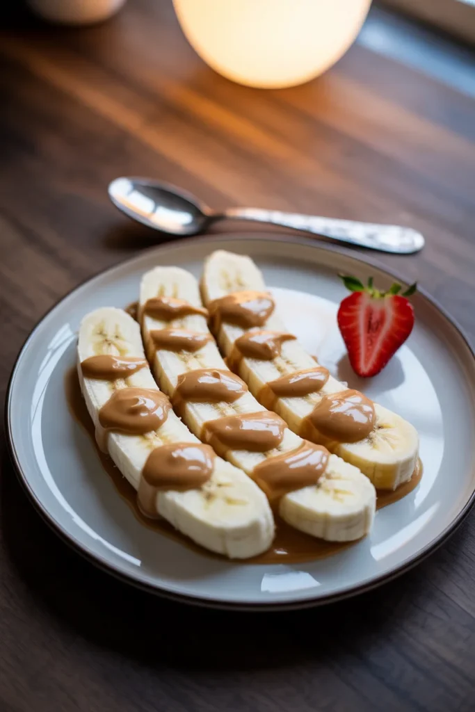 Sliced banana with peanut butter on a plate