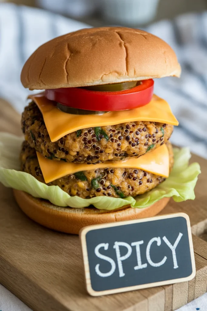Spicy quinoa burger with jalapeños and vegan cheese 