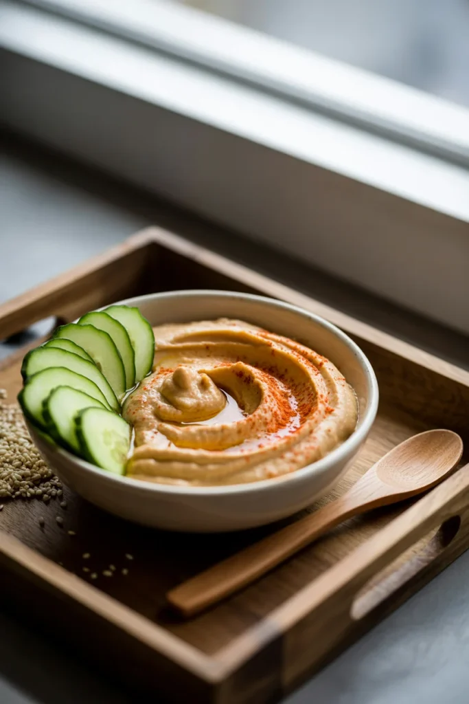 Hummus with cucumber slices on a wooden tray