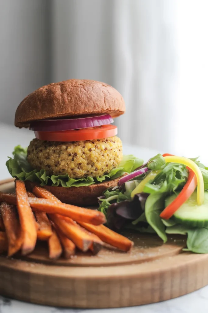 burger served with sweet potato fries and fresh salad