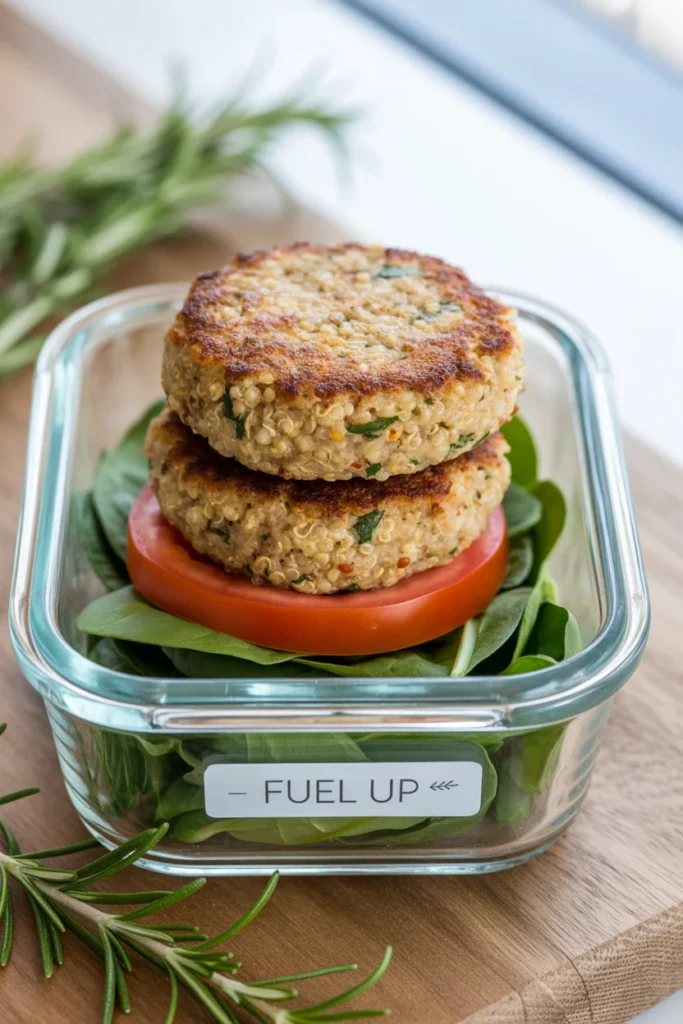 Cooked quinoa burgers in a meal prep container