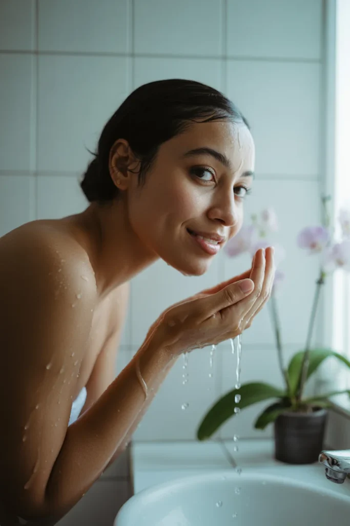 Dark-skinned woman cleansing her face gently