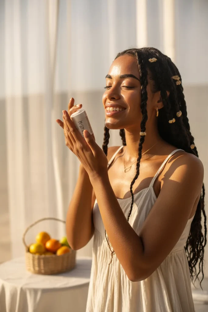 Dark skin woman applying SPF moisturizer
