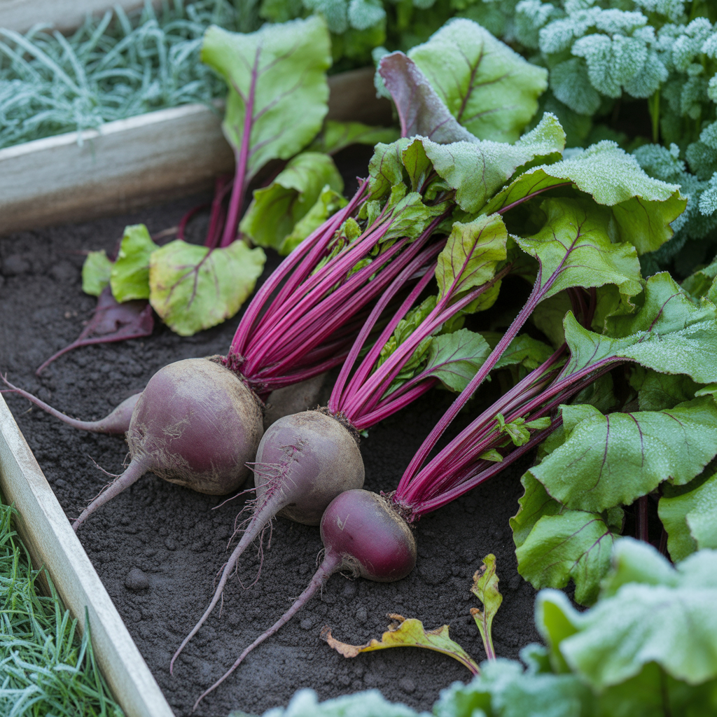 Beetroot and beet greens in a frosty bed

