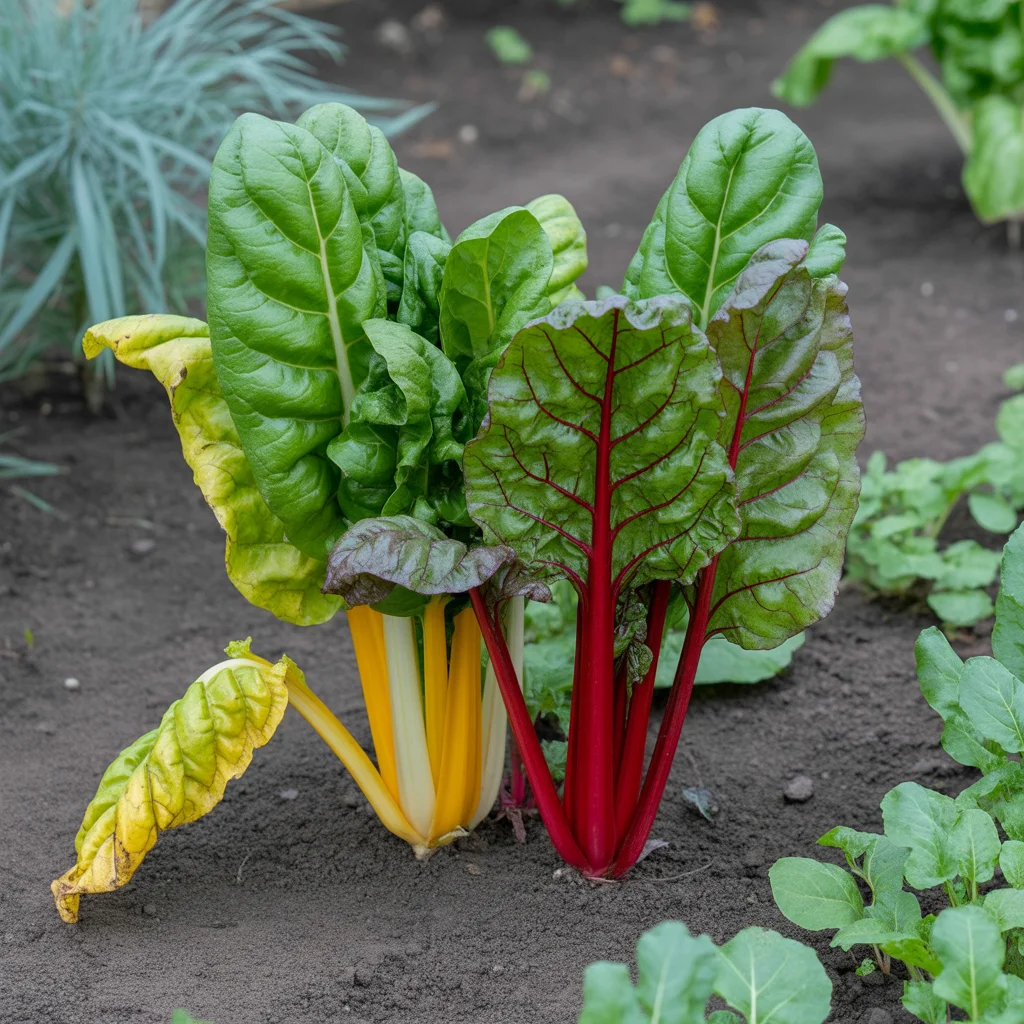 Bright Swiss chard leaves in winter garden

