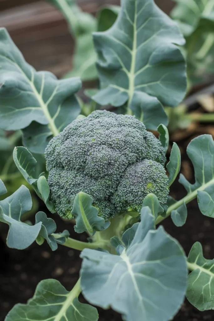 Broccoli head forming in a frosty garden