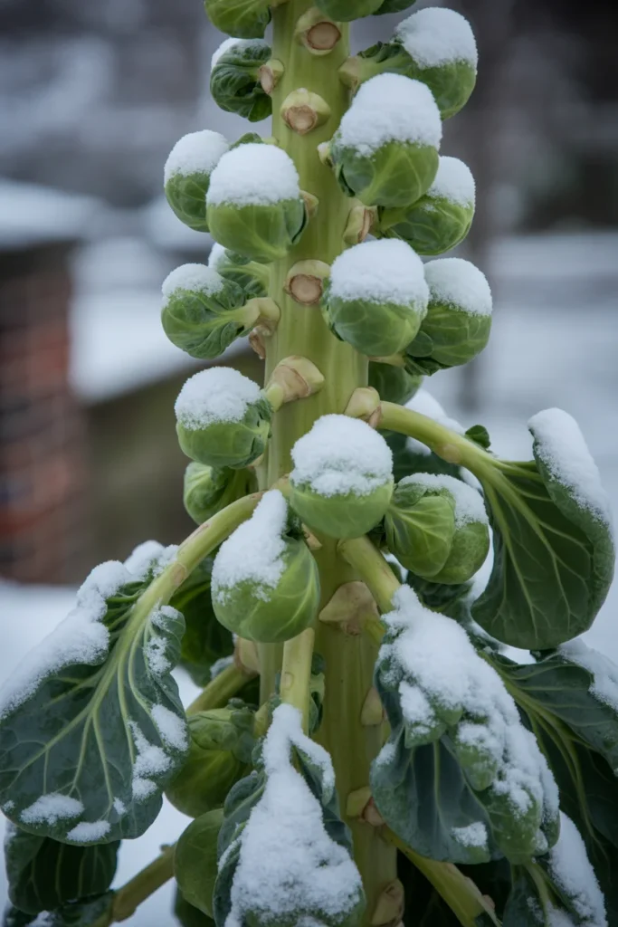 Brussels sprouts covered in light snow
