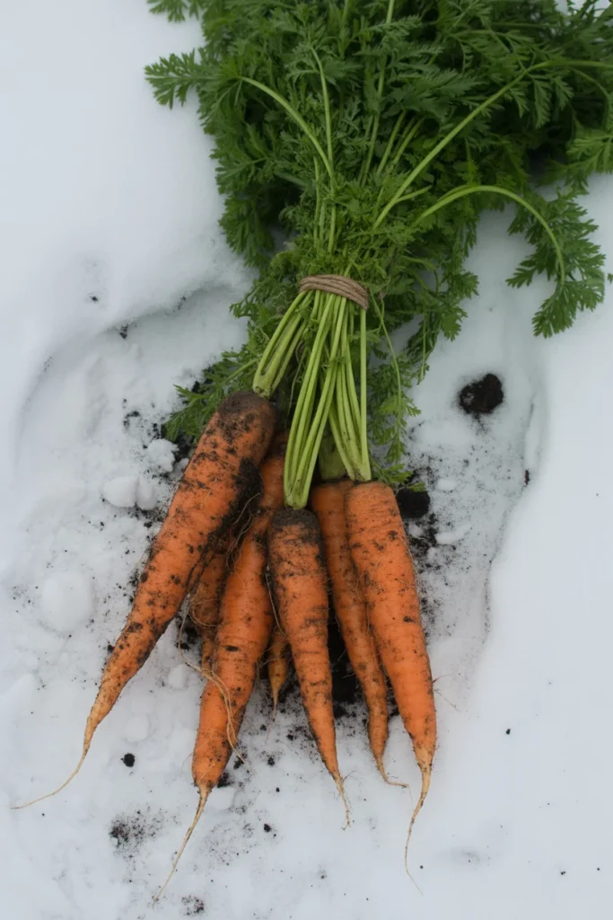Carrots pulled from snowy soil
