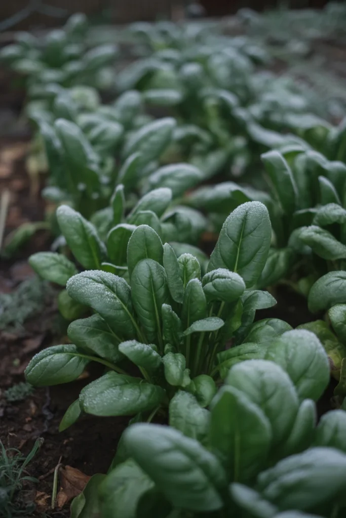 Close-up of spinach leaves in a frosty garden