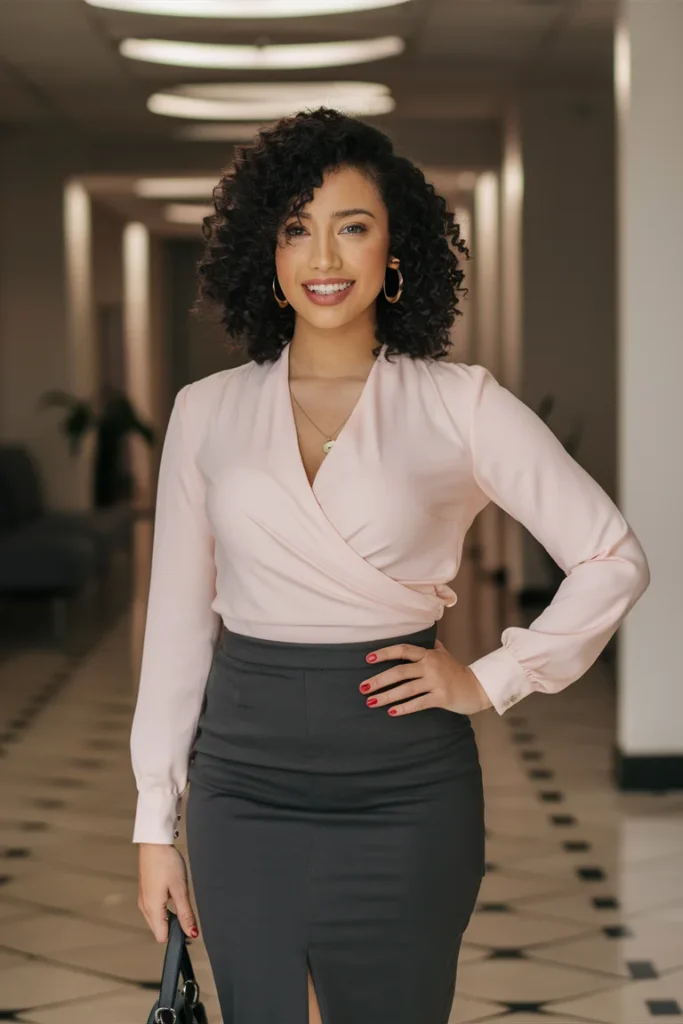 Confident woman in blush wrap blouse
