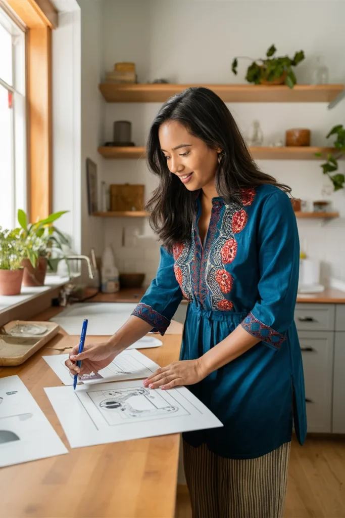Creative professional in embroidered tunic and tapered pants 