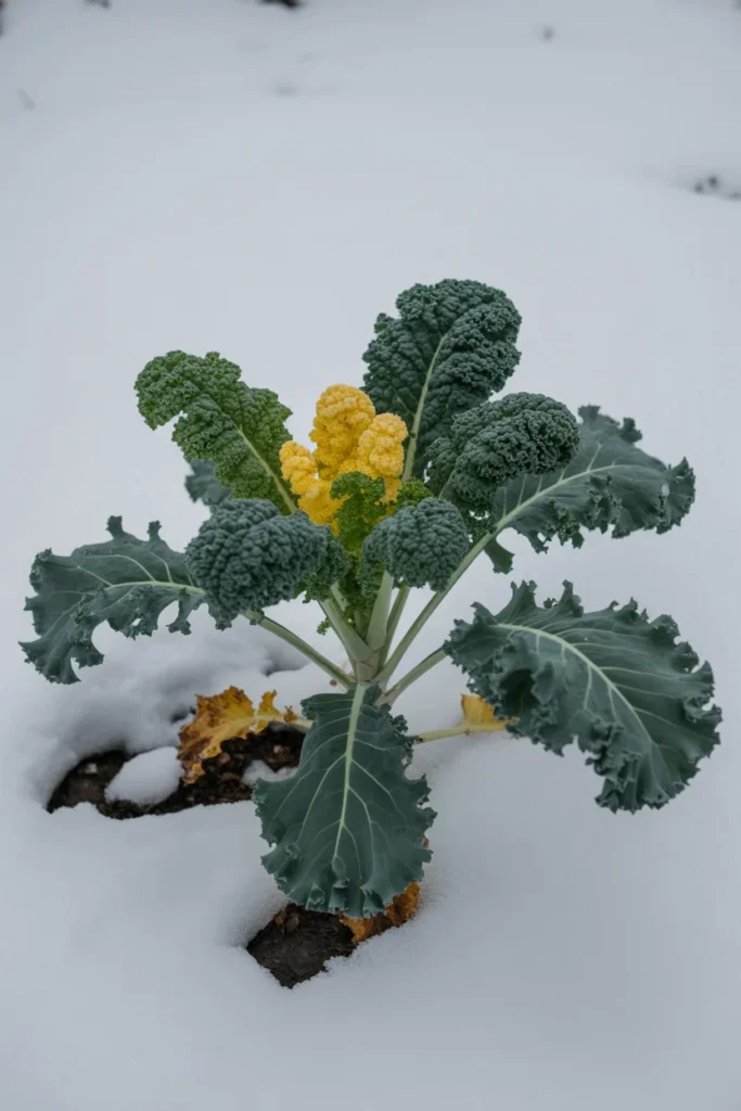 Kale plant growing in snow during winter
