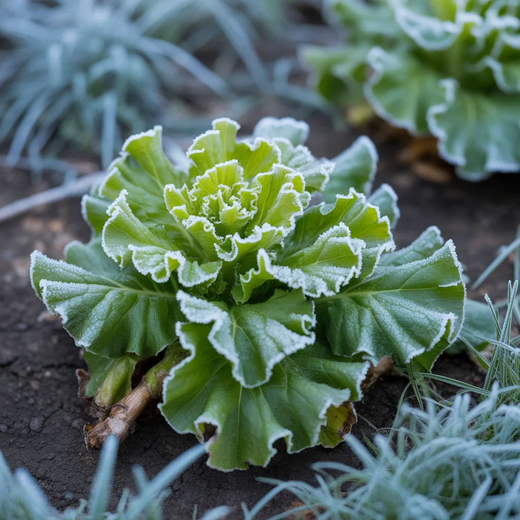 Mustard greens with frost-covered edges
