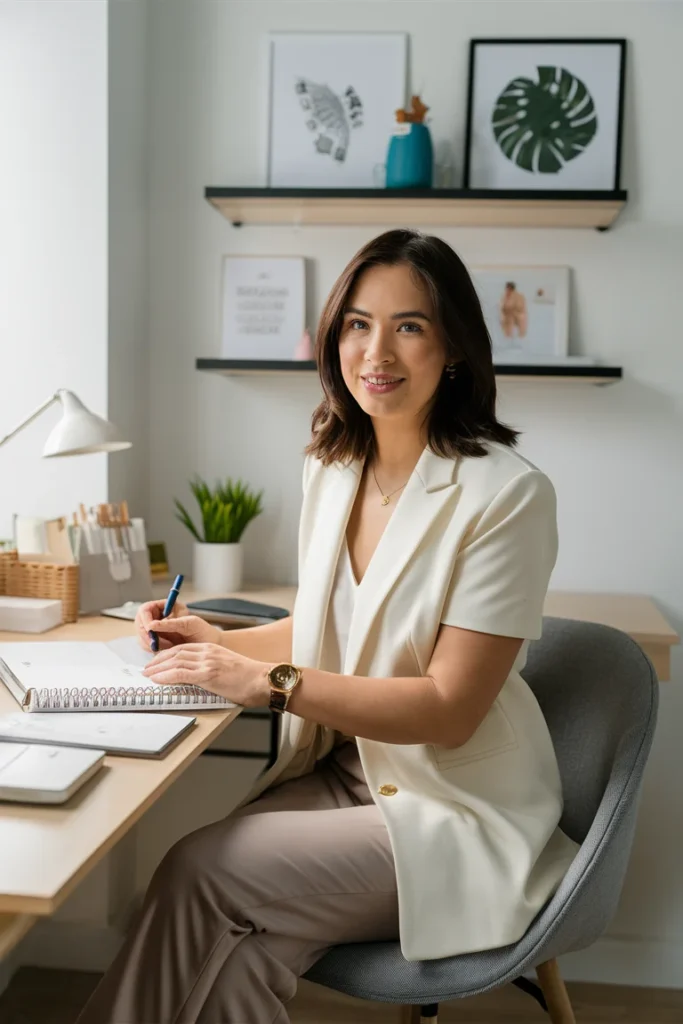 Professional in cream short-sleeve blazer and taupe trousers