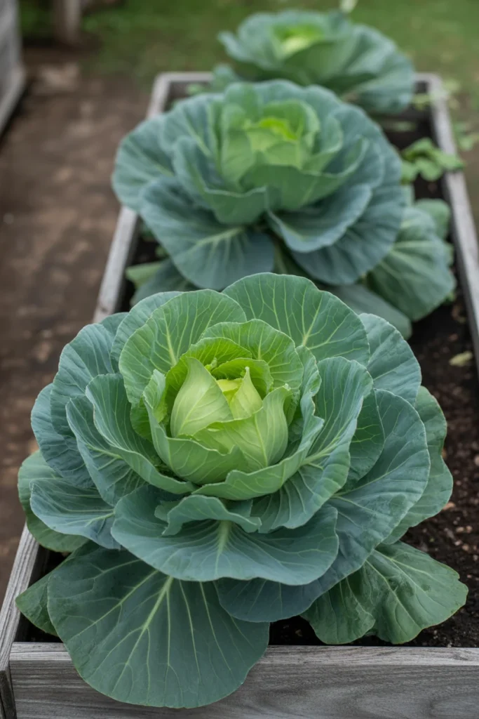 Winter cabbage growing in a raised bed
