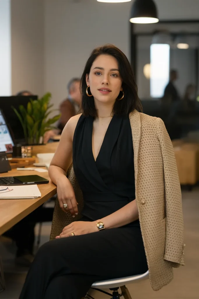 Woman in sleeveless black jumpsuit and beige