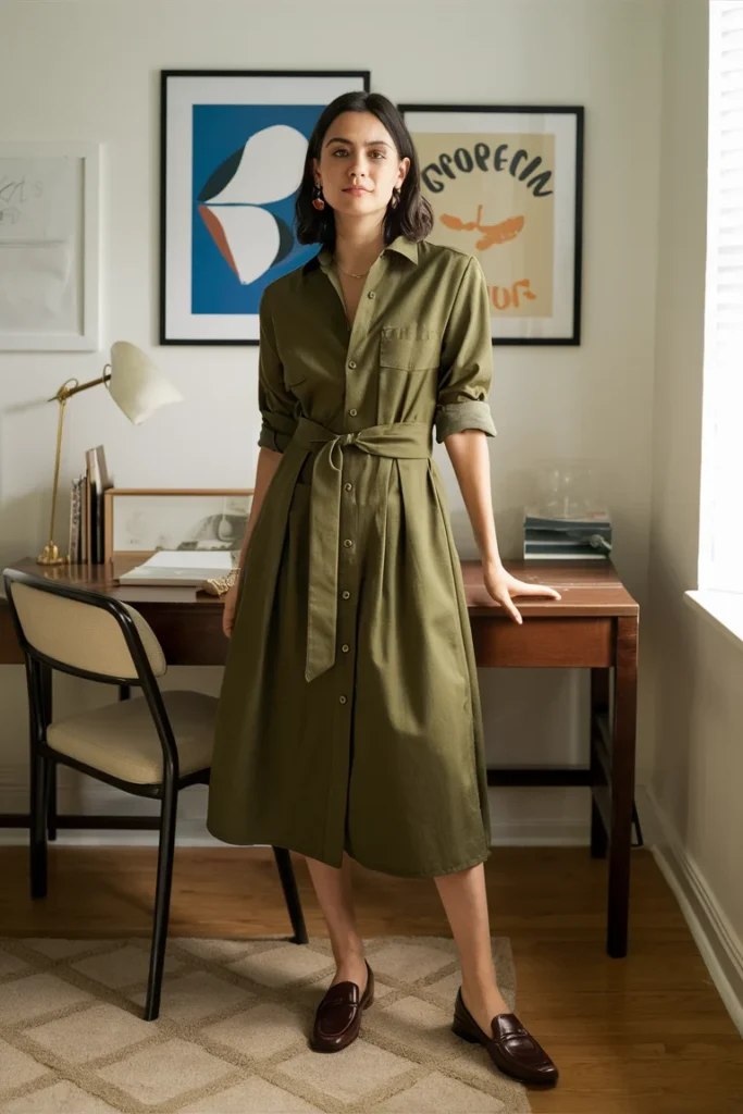 wearing belted olive midi shirt dress and loafers