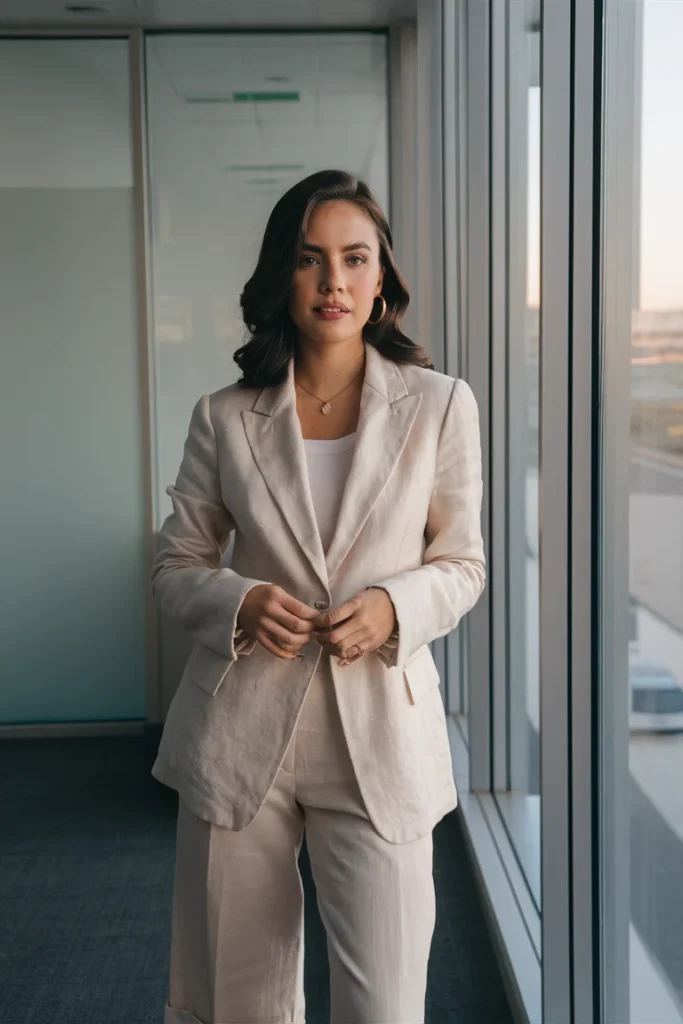 light beige linen blazer with cropped trousers
