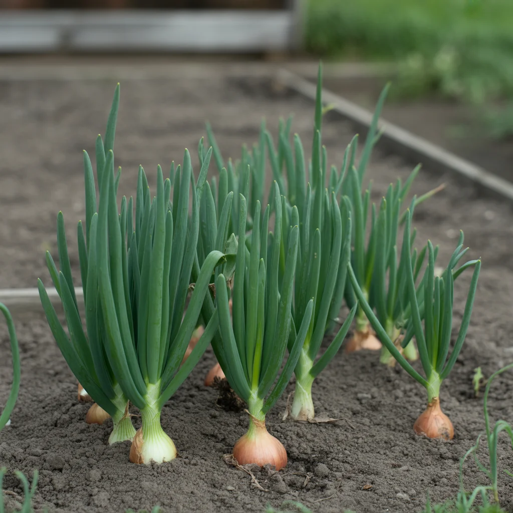 Young onion plants in a winter garden
